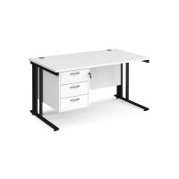 Maestro 25 straight desk 1400mm x 800mm with 3 drawer pedestal - black cable managed leg frame, white top