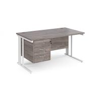 Maestro 25 straight desk 1400mm x 800mm with 3 drawer pedestal - white cable managed leg frame, grey oak top
