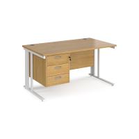 Maestro 25 straight desk 1400mm x 800mm with 3 drawer pedestal - white cable managed leg frame, oak top