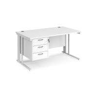 Maestro 25 straight desk 1400mm x 800mm with 3 drawer pedestal - white cable managed leg frame, white top