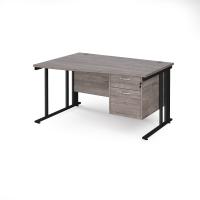 Maestro 25 left hand wave desk 1400mm wide with 2 drawer pedestal - black cable managed leg frame, grey oak top