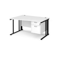 Maestro 25 left hand wave desk 1400mm wide with 2 drawer pedestal - black cable managed leg frame, white top