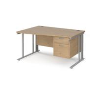 Maestro 25 left hand wave desk 1400mm wide with 2 drawer pedestal - silver cable managed leg frame, kendal oak top