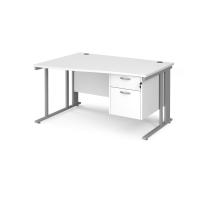Maestro 25 left hand wave desk 1400mm wide with 2 drawer pedestal - silver cable managed leg frame, white top