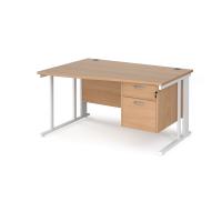 Maestro 25 left hand wave desk 1400mm wide with 2 drawer pedestal - white cable managed leg frame, beech top