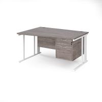 Maestro 25 left hand wave desk 1400mm wide with 2 drawer pedestal - white cable managed leg frame, grey oak top