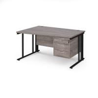 Maestro 25 left hand wave desk 1400mm wide with 3 drawer pedestal - black cable managed leg frame, grey oak top