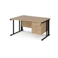 Maestro 25 left hand wave desk 1400mm wide with 3 drawer pedestal - black cable managed leg frame, kendal oak top