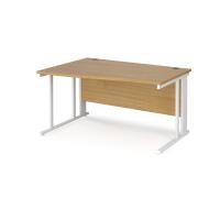 Maestro 25 left hand wave desk 1400mm wide - white cable managed leg frame, oak top