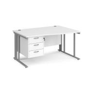 Maestro 25 right hand wave desk 1400mm wide with 3 drawer pedestal - silver cable managed leg frame, white top