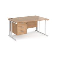 Maestro 25 right hand wave desk 1400mm wide with 3 drawer pedestal - white cable managed leg frame, beech top