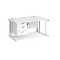 Maestro 25 right hand wave desk 1400mm wide with 3 drawer pedestal - white cable managed leg frame, white top