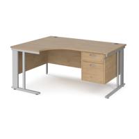 Maestro 25 left hand ergonomic desk 1600mm wide with 2 drawer pedestal - silver cable managed leg frame, kendal oak top