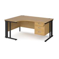 Maestro 25 left hand ergonomic desk 1600mm wide with 3 drawer pedestal - black cable managed leg frame, oak top