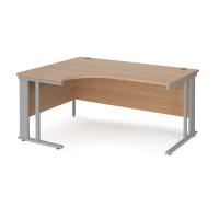 Maestro 25 left hand ergonomic desk 1600mm wide - silver cable managed leg frame, beech top