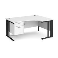 Maestro 25 right hand ergonomic desk 1600mm wide with 2 drawer pedestal - black cable managed leg frame, white top