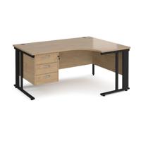 Maestro 25 right hand ergonomic desk 1600mm wide with 3 drawer pedestal - black cable managed leg frame, kendal oak top
