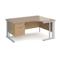 Maestro 25 right hand ergonomic desk 1600mm wide with 3 drawer pedestal - silver cable managed leg frame, kendal oak top
