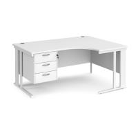 Maestro 25 right hand ergonomic desk 1600mm wide with 3 drawer pedestal - white cable managed leg frame, white top