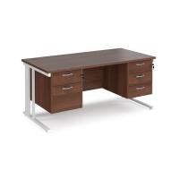 Maestro 25 straight desk 1600mm x 800mm with 2 and 3 drawer pedestals - white cable managed leg frame, walnut top