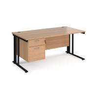 Maestro 25 straight desk 1600mm x 800mm with 2 drawer pedestal - black cable managed leg frame, beech top