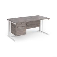 Maestro 25 straight desk 1600mm x 800mm with 2 drawer pedestal - white cable managed leg frame, grey oak top