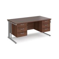 Maestro 25 straight desk 1600mm x 800mm with two x 3 drawer pedestals - silver cable managed leg frame, walnut top