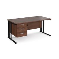 Maestro 25 straight desk 1600mm x 800mm with 3 drawer pedestal - black cable managed leg frame, walnut top