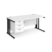 Maestro 25 straight desk 1600mm x 800mm with 3 drawer pedestal - black cable managed leg frame, white top