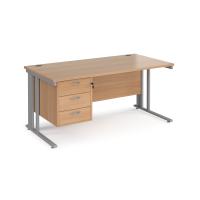 Maestro 25 straight desk 1600mm x 800mm with 3 drawer pedestal - silver cable managed leg frame, beech top