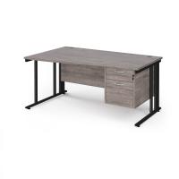 Maestro 25 left hand wave desk 1600mm wide with 2 drawer pedestal - black cable managed leg frame, grey oak top