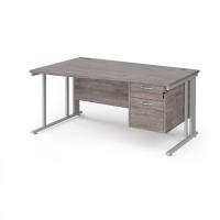 Maestro 25 left hand wave desk 1600mm wide with 2 drawer pedestal - silver cable managed leg frame, grey oak top