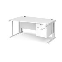 Maestro 25 left hand wave desk 1600mm wide with 2 drawer pedestal - white cable managed leg frame, white top