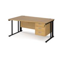 Maestro 25 left hand wave desk 1600mm wide with 3 drawer pedestal - black cable managed leg frame, oak top