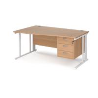 Maestro 25 left hand wave desk 1600mm wide with 3 drawer pedestal - white cable managed leg frame, beech top