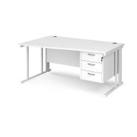 Maestro 25 left hand wave desk 1600mm wide with 3 drawer pedestal - white cable managed leg frame, white top