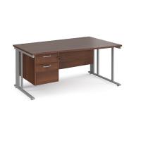 Maestro 25 right hand wave desk 1600mm wide with 2 drawer pedestal - silver cable managed leg frame, walnut top