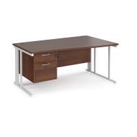 Maestro 25 right hand wave desk 1600mm wide with 2 drawer pedestal - white cable managed leg frame, walnut top