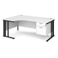 Maestro 25 left hand ergonomic desk 1800mm wide with 2 drawer pedestal - black cable managed leg frame, white top