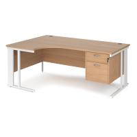 Maestro 25 left hand ergonomic desk 1800mm wide with 2 drawer pedestal - white cable managed leg frame, beech top