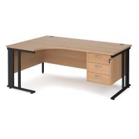 Maestro 25 left hand ergonomic desk 1800mm wide with 3 drawer pedestal - black cable managed leg frame, beech top