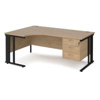 Maestro 25 left hand ergonomic desk 1800mm wide with 3 drawer pedestal - black cable managed leg frame, kendal oak top