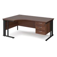 Maestro 25 left hand ergonomic desk 1800mm wide with 3 drawer pedestal - black cable managed leg frame, walnut top