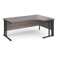 Maestro 25 right hand ergonomic desk 1800mm wide - black cable managed leg frame, grey oak top
