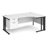 Maestro 25 right hand ergonomic desk 1800mm wide with 2 drawer pedestal - black cable managed leg frame, white top