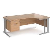 Maestro 25 right hand ergonomic desk 1800mm wide with 2 drawer pedestal - silver cable managed leg frame, beech top