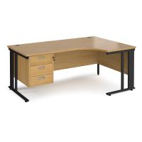 Maestro 25 right hand ergonomic desk 1800mm wide with 3 drawer pedestal - black cable managed leg frame, oak top