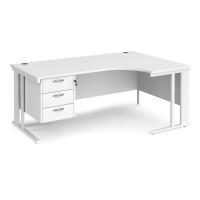Maestro 25 right hand ergonomic desk 1800mm wide with 3 drawer pedestal - white cable managed leg frame, white top