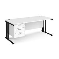 Maestro 25 straight desk 1800mm x 800mm with 3 drawer pedestal - black cable managed leg frame, white top