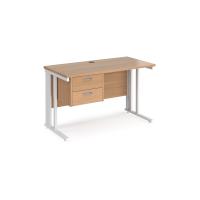 Maestro 25 straight desk 1200mm x 600mm with 2 drawer pedestal - white cable managed leg frame, beech top